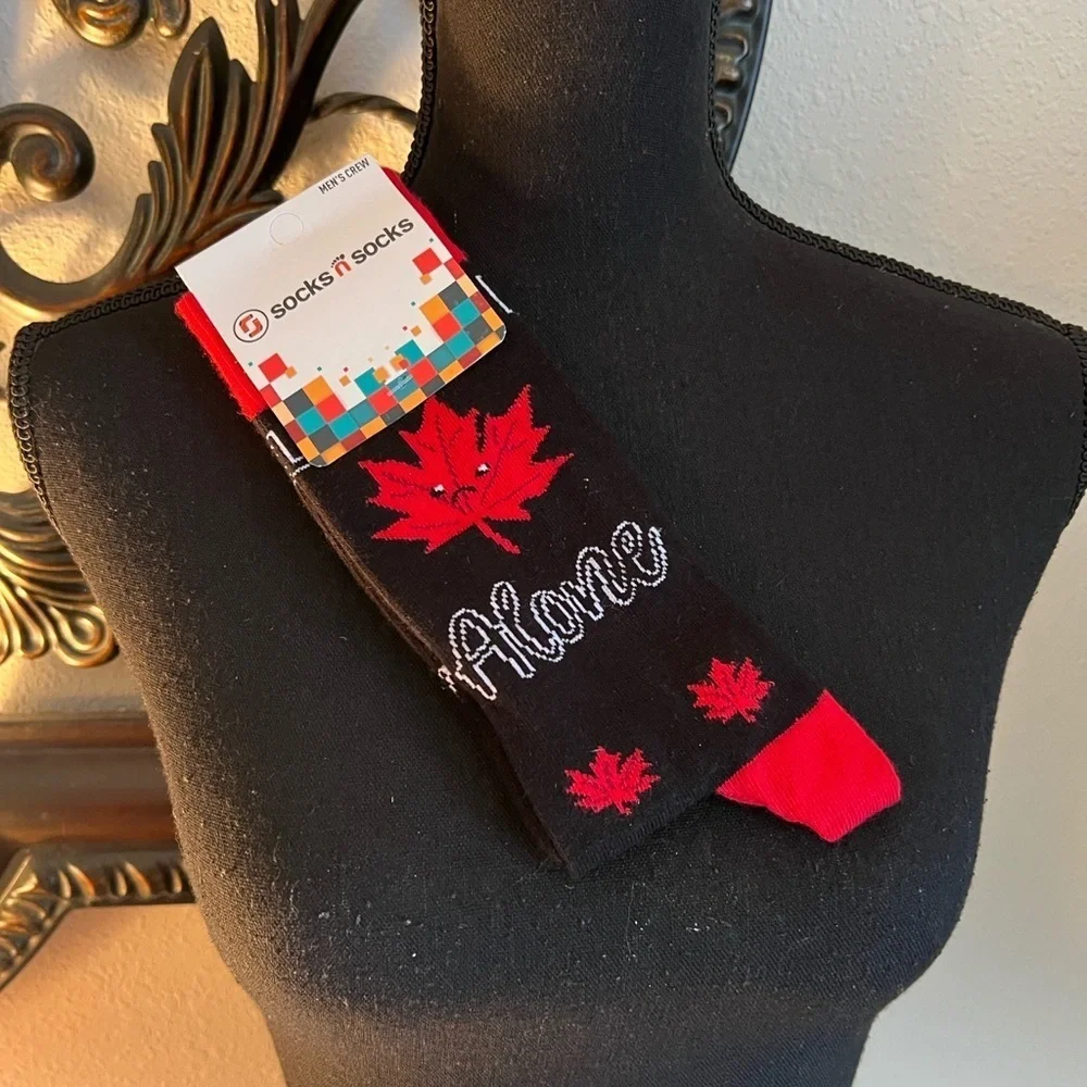 Socks N Socks Men’s Crew Socks Leaf Me Alone Black Red White Made In Turkey